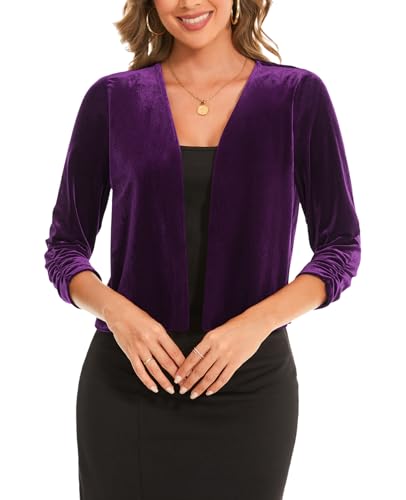 MINTLIMIT Samt Strickjacke Kurz Damen Bolero 3/4 Ärmel Boleroshrug Offene Vorne Cardigan Top Elegant Blazer (Purple XXL) von MINTLIMIT