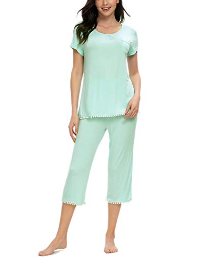 MINTLIMIT Schlafanzug Damen Kurz Pyjama Kurzarm Nachtw鋝che Set Shirt & Caprihose Sleepwear Sommer (Lightcyan Blau,Gr鲞e XXL) von MINTLIMIT
