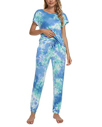 MINTLIMIT Schlafanzug Damen Pyjama Nachtwäsche Hausanzug Kurzarm Rund Ausschnitt Sleepshirt Zweiteiliger Tie Dye Blau S von MINTLIMIT