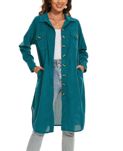 MINTLIMIT Shacket Damen Lang Trenchcoat mit Knopfleiste Langarm Shirt Jacke Mantel (Dunkelgrün XXL) von MINTLIMIT