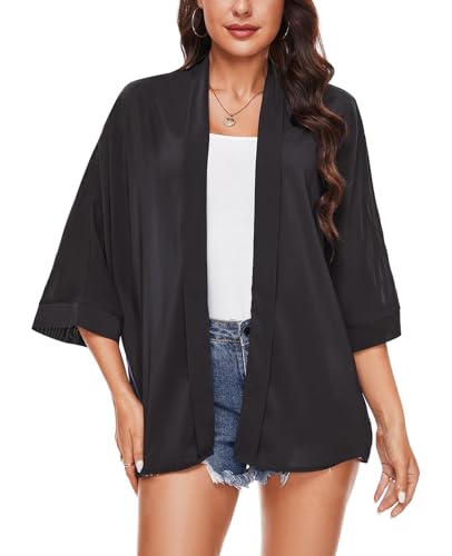 MINTLIMIT Sommer Damen Chiffon Kimono Cardigan 3/4 Arm Bikini Cover Up Offene Front Jacke (Schwarz S) von MINTLIMIT