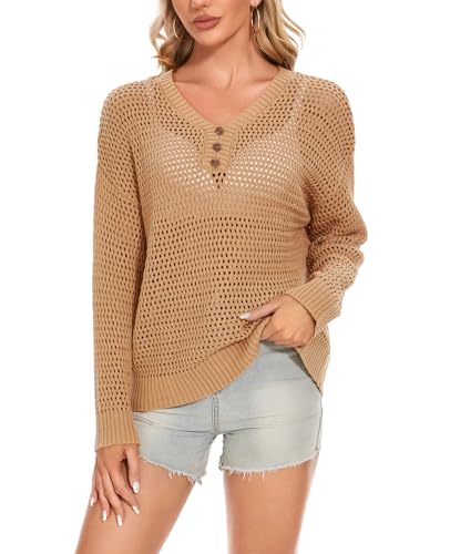 MINTLIMIT Sommer Pullover Damen Hollow Out Crochet Gestrickte Strickpullover Langarm Sweater Oberteile (Braun L) von MINTLIMIT