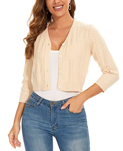 MINTLIMIT Strickjacke Damen Kurz Beige Cardigan V-Ausschnitt Sweater 3/4 Ärmel Aushöhlen Strickcardigan EU 48 50 (WH-Beige XL) von MINTLIMIT