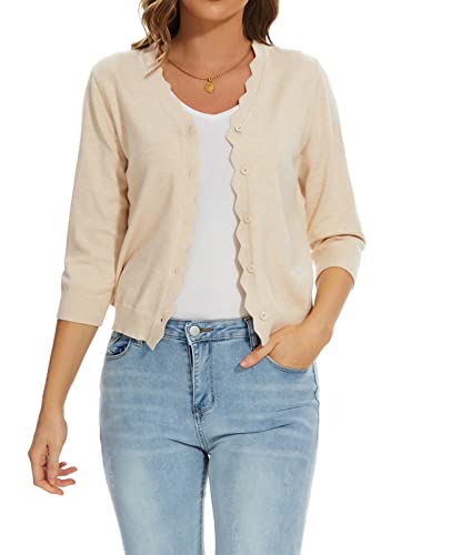 MINTLIMIT Strickjacke Damen Kurz Beige Cardigan V-Ausschnitt Sweater 3/4 Ärmel Strickcardigan EU 48 50 (WH-Beige XL) von MINTLIMIT