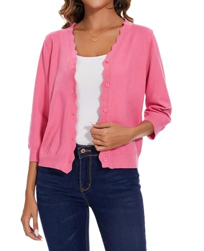 MINTLIMIT Strickjacke Damen Kurz Knit Cardigan V-Ausschnitt Sweater 3/4 Ärmel Elegant (Rosa M) von MINTLIMIT