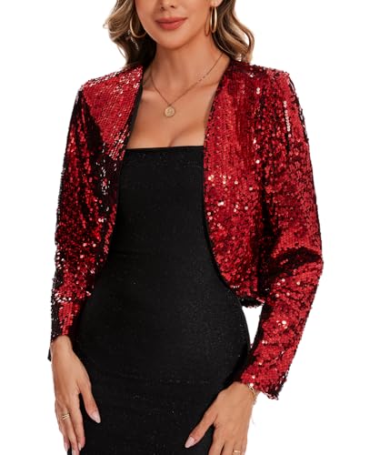 MINTLIMIT Strickjacke Damen Kurz Langarm Cardigan Pailletten Bolerojacke Schulterjacke Casual Top (Weinrot XXL) von MINTLIMIT