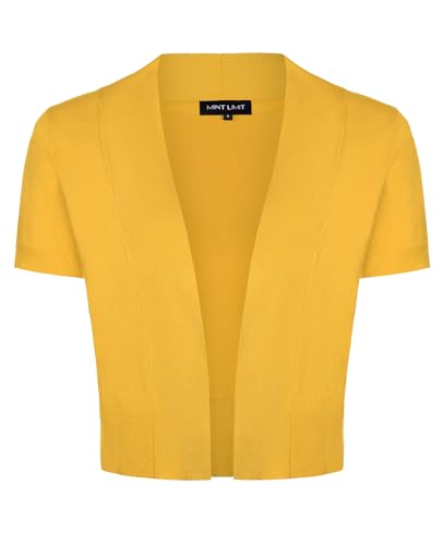 MINTLIMIT Strickjacke Damen Kurzarm Knit Cardigan-noos Bolero Sommer Offene Boleroshrug (Golden gelb L) von MINTLIMIT