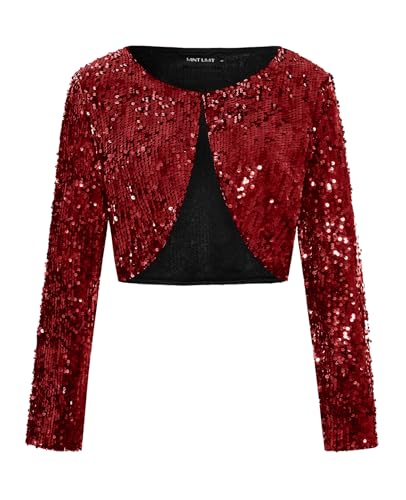 MINTLIMIT Strickjacke Damen Offene Cardigan Pailletten Metallic Langarm Bolero Elegant Dünne (Weinrot L) von MINTLIMIT