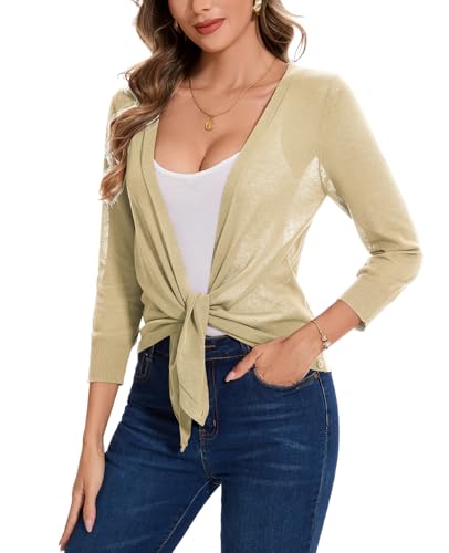 MINTLIMIT Strickjacke Damen Offene Vorne Bolero Sweater 3/4 Ärmel Cardigan Sommer Strickcardigan (Beige L) von MINTLIMIT
