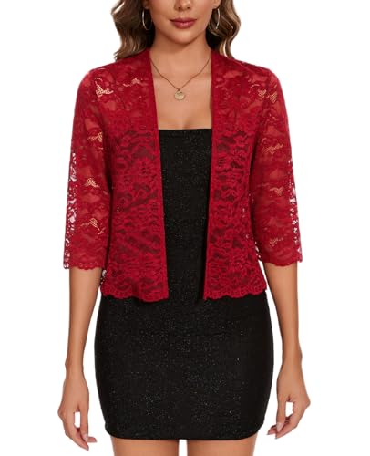 MINTLIMIT Strickjacke Damen Spitze Offene Vorne Bolero 3/4 Ärmel Cardigan Lässige (Rot XXL) von MINTLIMIT