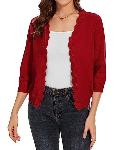 MINTLIMIT Strickjacke Damen V-Ausschnitt Cardigan Casual Sweater 3/4 Ärmel Dünne Cardigan Top Lose EU 52 (R-Rot XXL) von MINTLIMIT