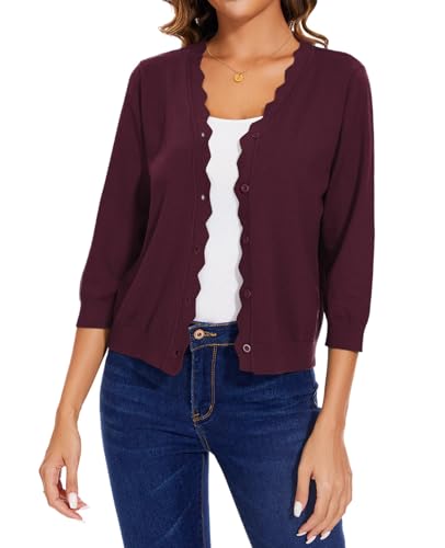 MINTLIMIT Strickjacke Kurz Damen Casual Cardigan V-Ausschnitt Sweater 3/4 Ärmel Kurzer Cardigan (Dunkelrot S) von MINTLIMIT