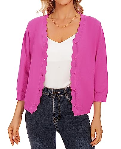 MINTLIMIT Strickjacke Kurz Damen Casual Cardigan V-Ausschnitt Sweater 3/4 Ärmel Kurzer Cardigan EU 36 38 (R-Hot Pink S) von MINTLIMIT