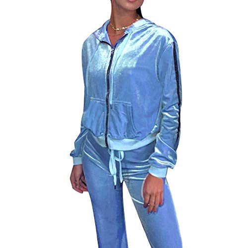 MINTLIMIT Trainingsanzug Damen 2 Stück Outfit Streifen Jogginganzug Frauen Tracksuit Top T-Shirt Lange Hose Beiläufig Sport Velvet_Blau XL von MINTLIMIT