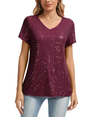 MINTLIMIT Tunika Damen Pailletten Glitzer Oberteil Henley V-Ausschnitt Tops Cap Ärmel T-Shirt (Weinrot XXL) von MINTLIMIT
