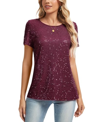 MINTLIMIT Tunika Damen Pailletten Glitzer Oberteil Rundhals Tops Cap Ärmel T-Shirt (Weinrot XXL) von MINTLIMIT
