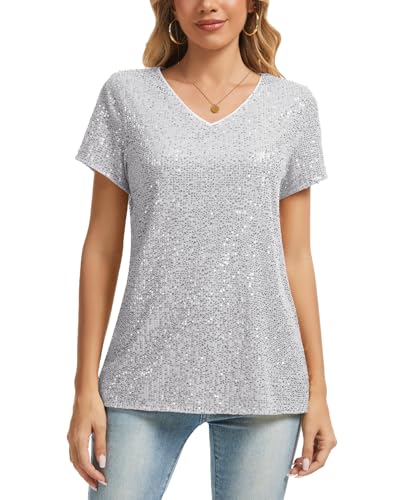 MINTLIMIT V Ausschnitt Damen Bluse Pailletten Glitzer Tops Oberteil Cap Ärmel T-Shirt Lose (Silbrig XL) von MINTLIMIT