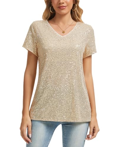 MINTLIMIT V Ausschnitt Damen Oberteil Sexy Pailletten Glitzer Tops Cap Ärmel T Shirts Beiläufig (Golden L) von MINTLIMIT