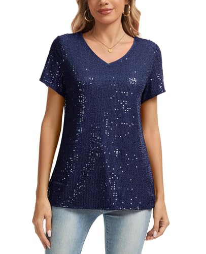 MINTLIMIT V Ausschnitt Damen Oberteil Sexy Pailletten Glitzer Tops Cap Ärmel T Shirts Beiläufig (Marine L) von MINTLIMIT