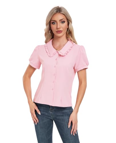 MINTLIMIT Women's Peter Pan Collar Short Sleeves Shirt Tops Button Work Blouse Pink for Women 2023 von MINTLIMIT