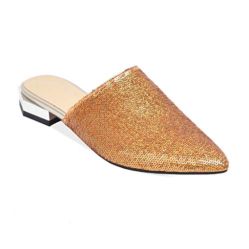 MIOKE Damen Pantoletten mit spitzem Zehenbereich, verziert, flach, rückenfrei, bequem, niedriger Absatz, Kleid, Gold, Gold, 39 EU MIOKE Damen Pantoletten mit spitzem Zehenbereich, verziert, flach, rückenfrei, bequem, niedriger Absatz, Kleid, Gold, Gold, 39 EU von MIOKE
