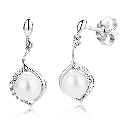 MIORE Damen Ohrstecker 925 Sterling Silber mit 2 Süßwasser-Zuchtperlen von 6 mm und 14 Zirkonias hautfreundliche Silber Ohrringe | Damen Schmuck vom Juwelier von MIORE