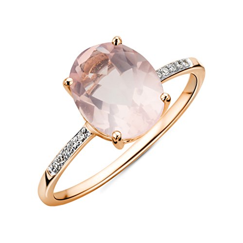 MIORE Damen Ring 9 Karat 375 Gold Roser Quarz mit Diamant Brillianten Rosé (50) von MIORE
