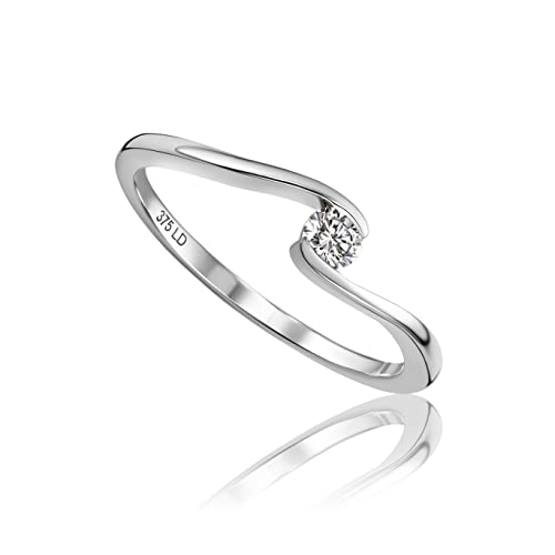 MIORE Diamant Schmuck Damen Solitär Verlobungsring mit 0.10 Ct Diamant im Brillantschliff Spannring aus Weißgold 9 Karat (375) Gold von MIORE