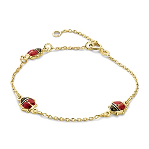 Miore Kinderschmuck Armband mit 3 rote Emaille Marienkäfer in Kette eingearbeitet Armkettchen aus Gelbgold 9 Karat /375 Gold, Länge wählbar von 12-14cm von MIORE