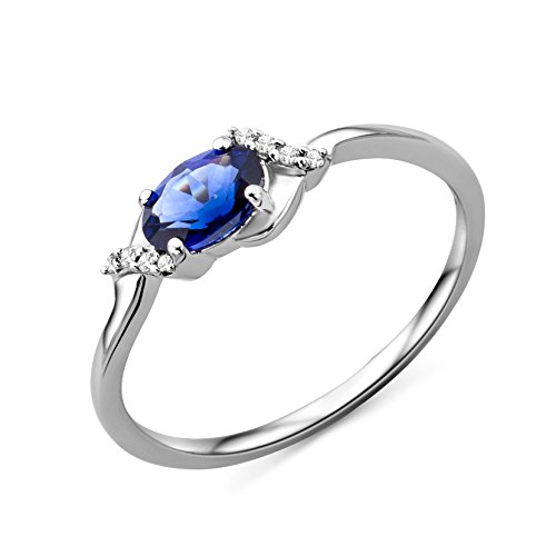 MIORE Schmuck Damen 0.03 Ct Diamant Verlobungsring mit Edelstein Geburtsstein blauer Saphir und 8 Diamanten Brillante Diamantring aus Weißgold 9 Karat (375) Gold von MIORE