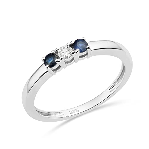 MIORE Schmuck Damen 0.06 Ct Diamant Ewigkeitsring mit 2 Edelsteine Geburtssteine natürliche blaue Saphire und Solitär Diamant Brillant Ring aus Weißgold 9 Karat (375) Gold von MIORE