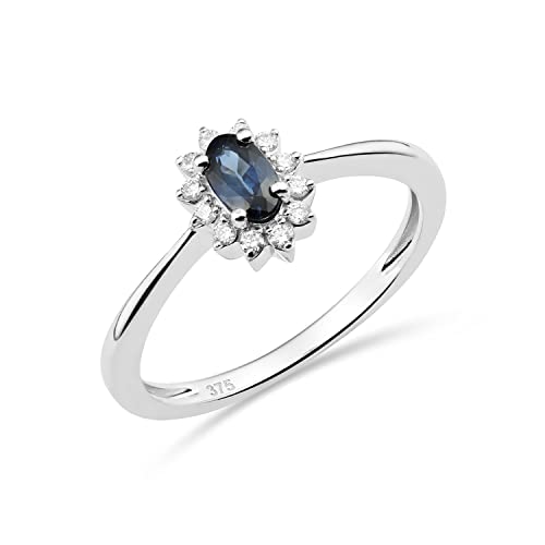 MIORE Schmuck Damen 0.07 Ct Diamant Blume Verlobungsring mit Edelstein Geburtsstein natürlicher ovaler blauer Saphir umgeben von 12 Diamanten Brillanten klassischer Ring aus Weißgold 9 Karat 375 Gold von MIORE