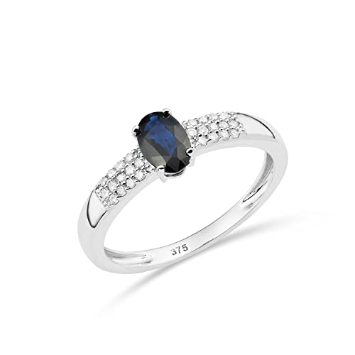 MIORE Schmuck Damen 0.10 Ct Diamant Verlobungsring mit Edelstein Geburtsstein natürlicher ovaler blauer Saphir und 26 Diamanten Brillanten dreireihiger Diamantring aus Weißgold 9 Karat (375) Gold von MIORE