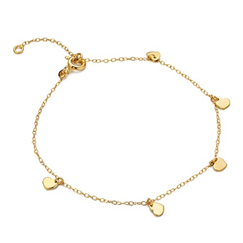 MIORE Schmuck für Damen Herz Armband mit kleinen Charm Herzanhängern klassische Anker ArmKette aus Gelbgold 9 Karat 375 Gold, Länge 16-18 cm verstellbar von MIORE