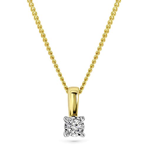 Miore Kette Damen 0.04 Ct Diamant Halskette mit Anhänger Solitär Diamant Brillant Kette aus Gelbgold 9 Karat / 375 Gold, Halsschmuck 45 cm lang von MIORE