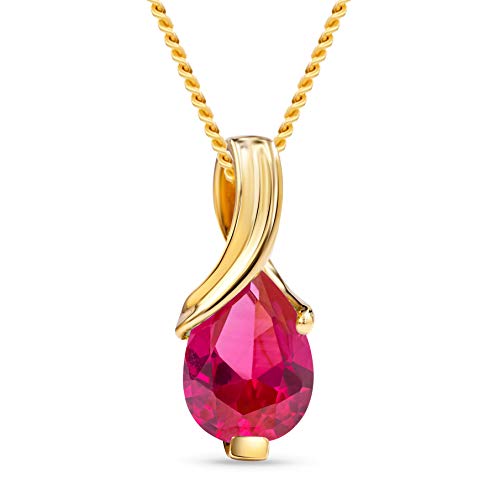 MIORE – Gold Kette Damen mit 0.85 Ct Rubin in Tropfen-Form – filigrane Halskette aus 9 Karat Gelbgold (375) mit rotem Edelstein Anhänger – Goldkette mit Schmuckbox zum Verschenken (45 cm) von MIORE