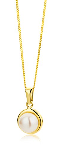 Miore Schmuck Damen Halskette mit Kettenanhänger weiße Süßwasserperle 7.5 mm Kette aus Gelbgold 9 Karat / 375 Gold 45 cm lang von MIORE