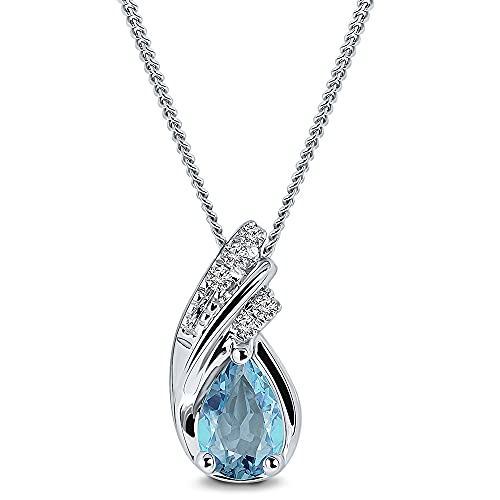 Miore Kette Damen mit 0.03 Ct Diamanten & 0.55 Ct Topas in Blau aus 9 Karat Weißgold (375) – filigrane Halskette aus 925 Sterling Silber mit Edelstein Anhänger –Schmuckbox zum Verschenken (45 cm) von MIORE