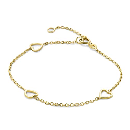 Miore Kinderschmuck Armband mit 3 Herzen in Kette eingearbeitet Armkettchen aus Gelbgold 9 Karat /375 Gold, Länge wählbar von 12-14cm von MIORE