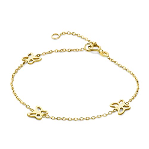 MIORE Kinderschmuck Armband mit 3 Schmetterlinge in Kette eingearbeitet Armkettchen aus Gelbgold 9 Karat /375 Gold, Länge wählbar von 12-14cm von MIORE