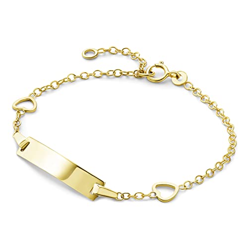 Miore Kinderschmuck ID Armband mit Namensschild und 2 Herzen in Kette eingearbeitet Armkettchen aus Gelbgold 9 Karat /375 Gold, Länge wählbar von 12-14cm von MIORE