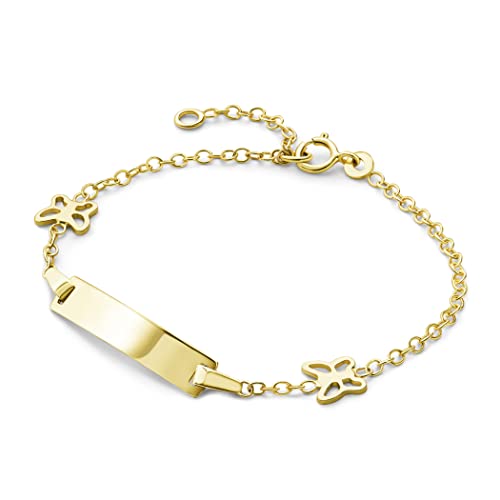 Miore Kinderschmuck ID Armband mit Namensschild und 2 Schmetterlinge in Kette eingearbeitet Armkettchen aus Gelbgold 9 Karat /375 Gold, Länge wählbar von 12-14cm von MIORE