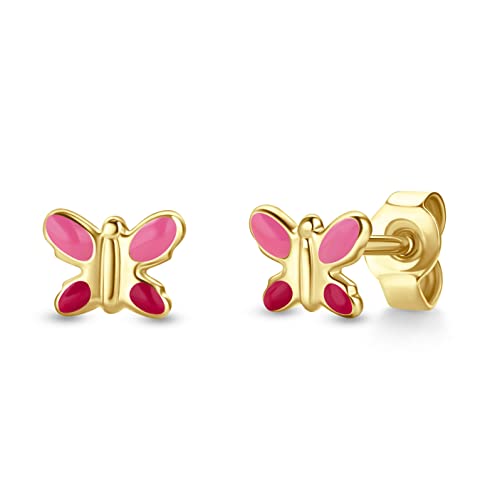 Miore Kinderschmuck Ohrstecker rosa Schmetterling Ohrringe aus Gelbgold 9 Karat /375 Gold 6.5 x 5 mm von MIORE