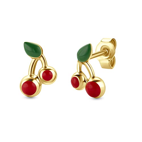 Miore Kinderschmuck Ohrstecker rot grün Kirschen Ohrringe aus Gelbgold 9 Karat /375 Gold 9.5 x 7 mm von MIORE