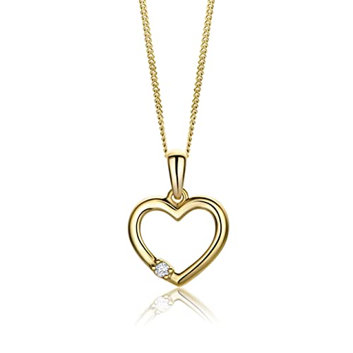 Miore Diamant Schmuck Damen Herz Halskette mit Anhänger 0,02 Ct Solitär Diamant in Krappenfassung Klassische Kette aus Gelbgold 9 karat / 375 Gold, 45 cm lang von MIORE