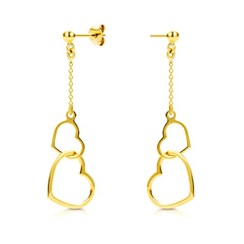 Miore Ohrringe Damen | Gelbgold 9 Karat 375 Gold | Herz-Ohrringe Echtgold | Ohrhänger mit Doppelherz | Damen Schmuck vom Juwelier von MIORE