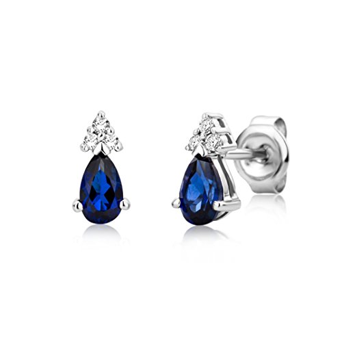 Miore Schmuck Damen 0.04 Ct Diamant Ohrringe mit Edelstein/Geburtsstein blauer Saphir und Diamanten Brillanten Ohrstecker aus Weißgold 9 Karat / 375 Gold von MIORE