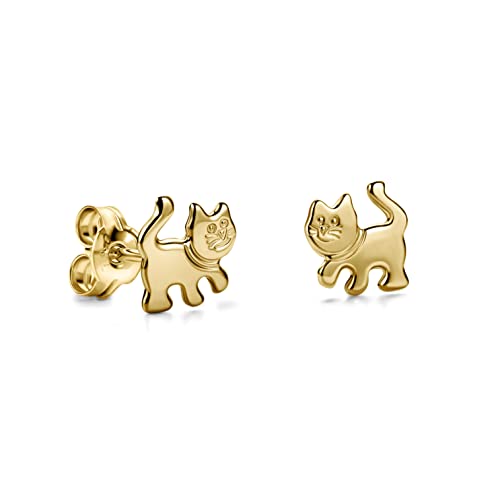 Miore Schmuck Kinder Mädchen Ohrstecker Katze Ohrringe aus Gelbgold 18 Karat / 750 Gold mit Schmetterlingsverschluss 7 x 7 mm von MIORE