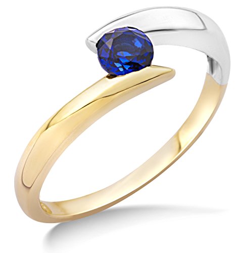 Miore Ring Damen Bicolor Gelbgold/Weißgold 9 Karat / 375 Gold Solitär Blauer Saphir von MIORE