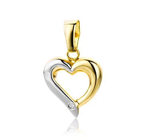 Miore Schmuck Damen 0.01 Ct Solitär Diamant Kettenanhänger Herz aus Bicolor Gold Weißgold und Gelbgold 18 Karat / 750 Gold von MIORE